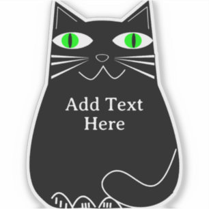 Sticker Chat noir gras avec yeux verts Texte personnalisé