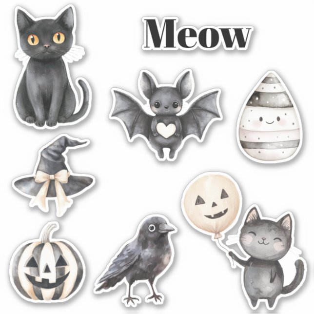 Sticker Chat Noir Miaule Oiseau Citrouille Chauve-souris (Devant)