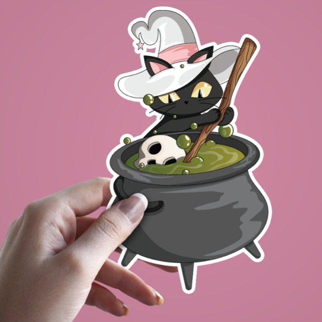 Sticker Chat noir mignon avec Casquette sorcier brasser po (Black Cat Mixing Up a Potion. Halloween Theme Sticker)