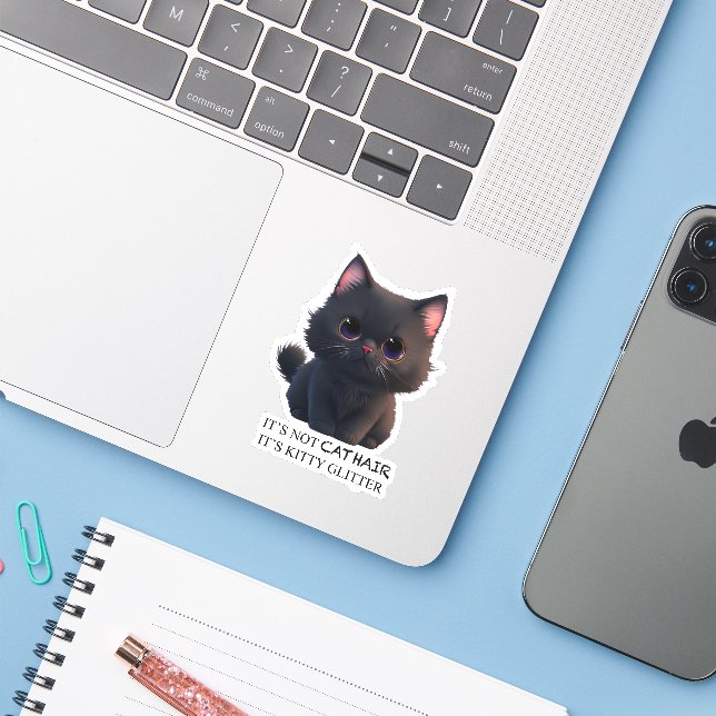 Sticker Chat noir moelleux (Ordinateur portable avec iPhone)