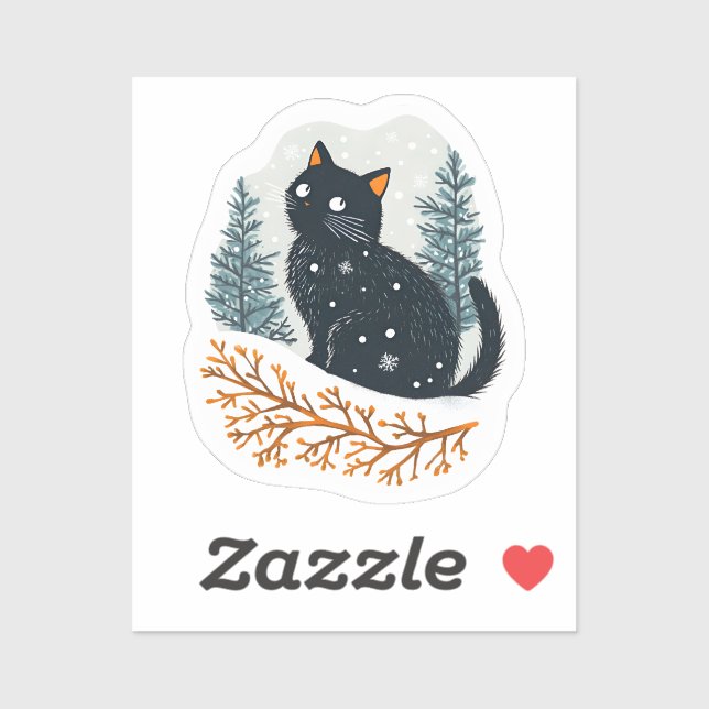 Sticker Chat noir neige d'hiver (Feuille)