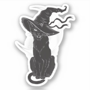 Sticker Chat noir portant sorcière Casquette Éffrayant Hal