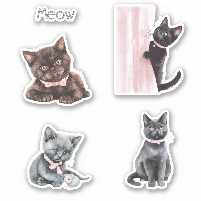 Sticker Chat Noir Ruban Rose (Devant)