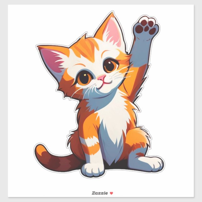 Sticker Chat orange de dessin animé heureux levant les pat (Feuille)