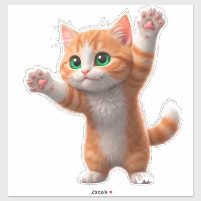 Sticker Chat orange de dessin animé heureux levant les pat (Feuille)
