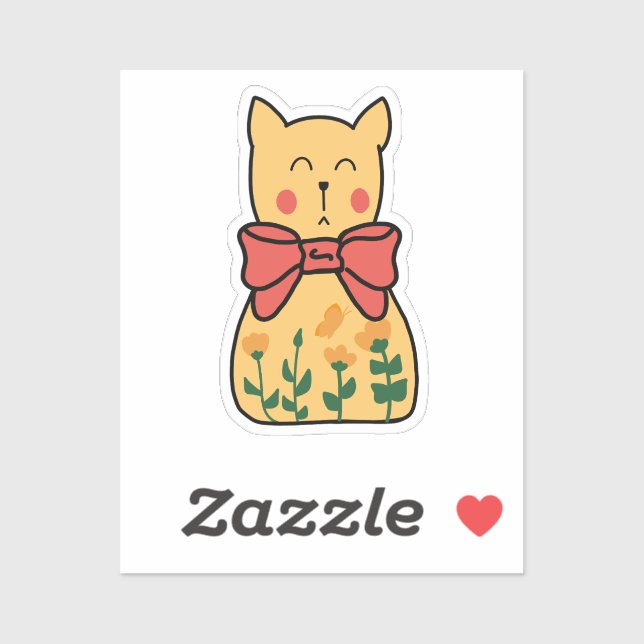 Sticker Chat orange indifférent floral avec nœud (Feuille)