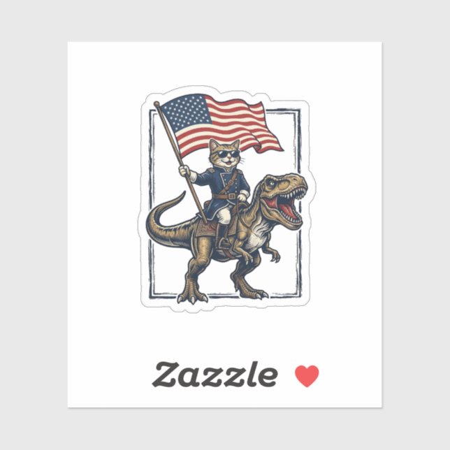 Sticker Chat Patriotique à Cheval sur un Dinosaure Design  (Feuille)