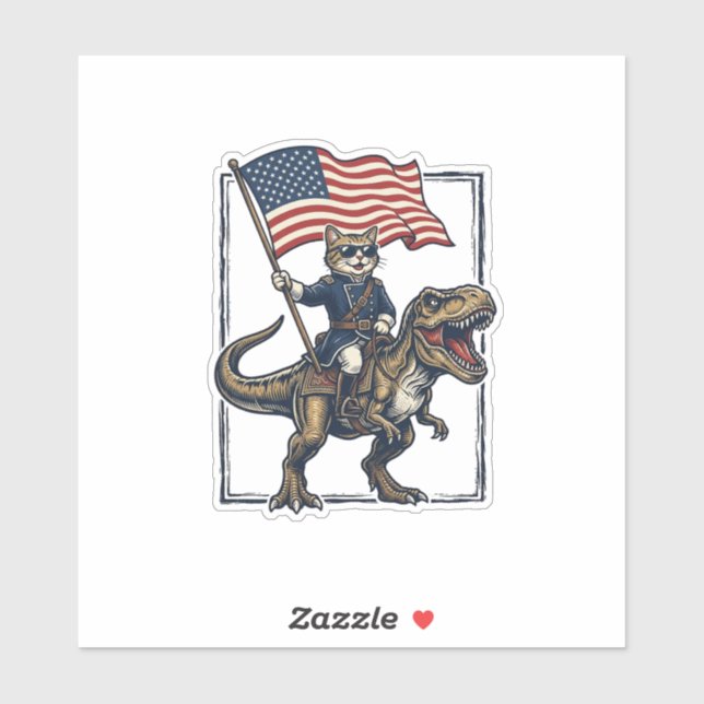 Sticker Chat Patriotique à Cheval sur un Dinosaure Design  (Feuille)
