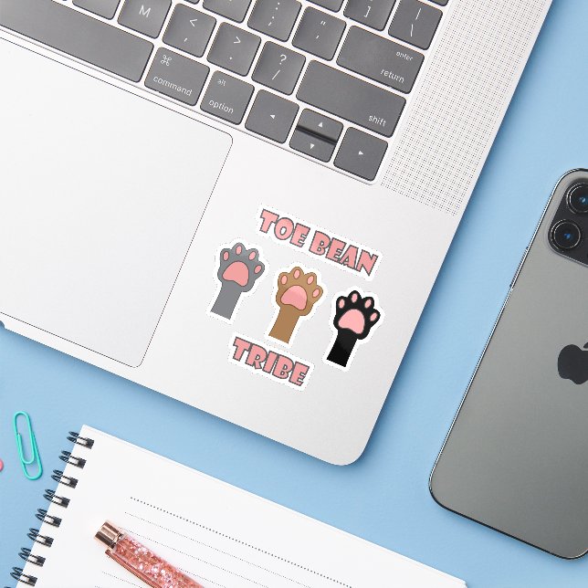 Sticker Chat Patte Trio Gris Brun Noir Félin (Ordinateur portable avec iPhone)