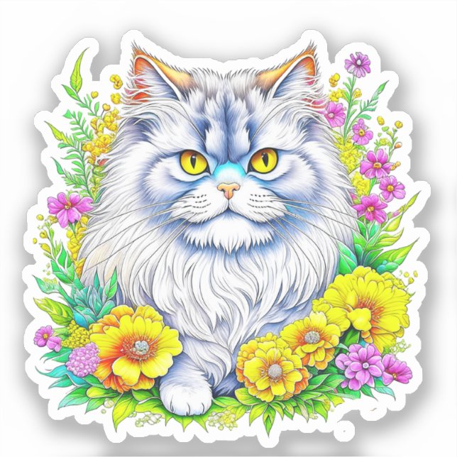 Sticker Chat perse en Fleurs Jaunes et Roses (Recto)
