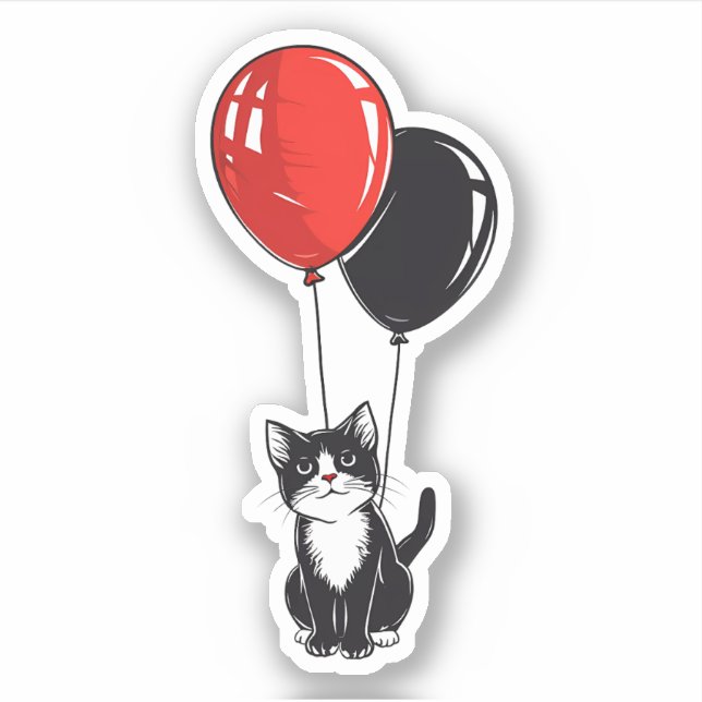 Sticker Chat Smoking avec des Ballons Rouges et Noirs (Devant)