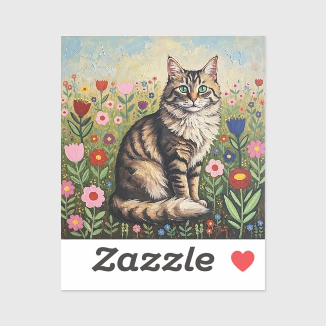 Sticker Chat tabby gris duveteux et fleurs d'art populaire (Feuille)