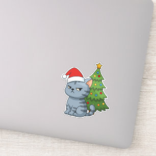 Sticker Chat tabby gris grincheux Chapeau rouge Arbre de N