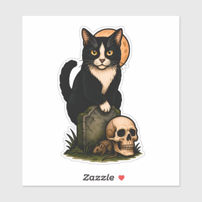 Sticker Chat Tuxedo et Crâne – Conception de Cimetière Got (Feuille)