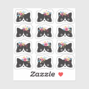 Sticker Chat Tuxedo Noir & Blanc Visages Avec Couronnes Fl
