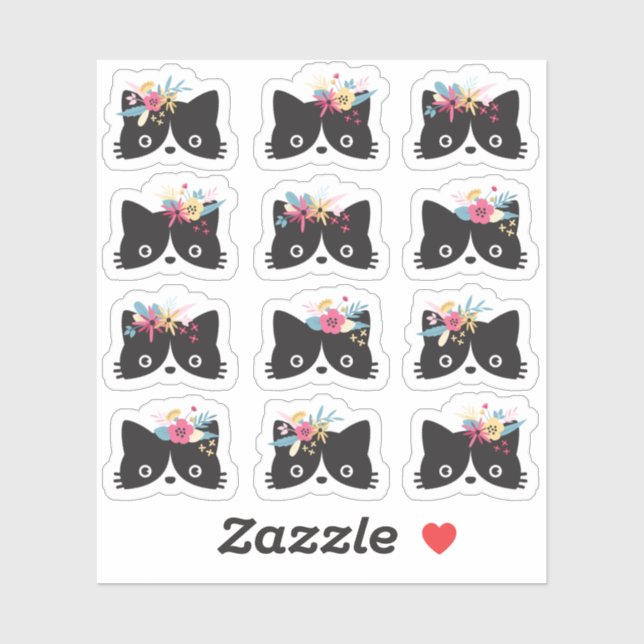 Sticker Chat Tuxedo Noir & Blanc Visages Avec Couronnes Fl (Feuille)