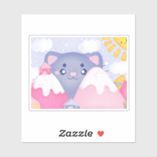 Sticker Chat Whimsical et Montagnes d'hiver avec un soleil