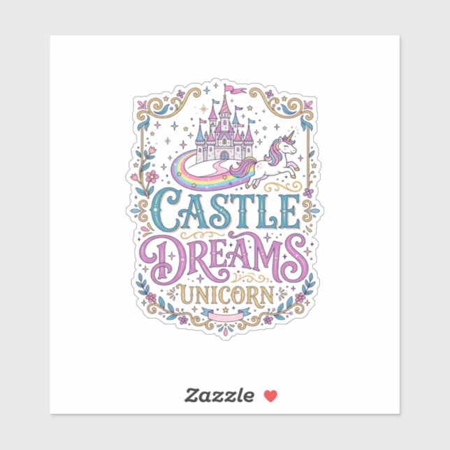 Sticker Château de licorne Rêves Licorne Fond blanc Pri (Feuille)