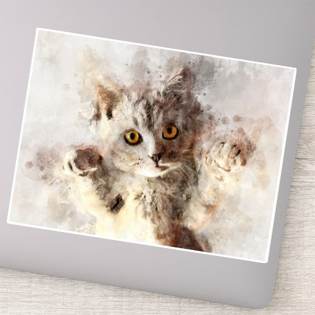 Sticker Chaton à l'aquarelle joueur avec des yeux ambre br (Playful Watercolor Kitten with Bright Amber Eyes. Sticker)