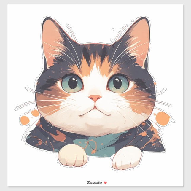 Sticker Chaton Calico Joyeux Avec De Grands Yeux Verts (Feuille)