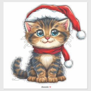 Sticker Chaton de Noël adorable portant un chapeau de Père