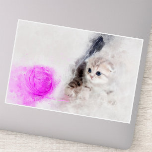 Sticker Chaton jouant avec une boule de fil rose aquarelle
