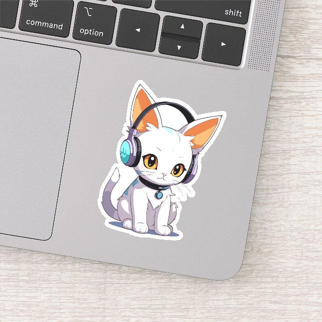 Sticker Chaton Kawaii avec casque à écouteurs stylé (Détail)