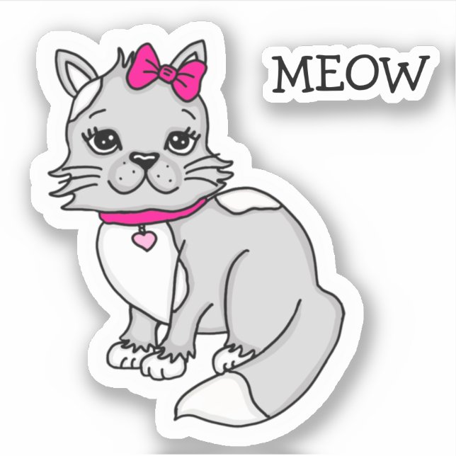 Sticker Chaton tacheté gris et blanc avec noeud rose (Devant)