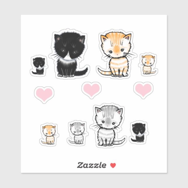 Sticker Chats Adorables Chatons Tuxedo, Tabby Orange, Gris (Feuille)