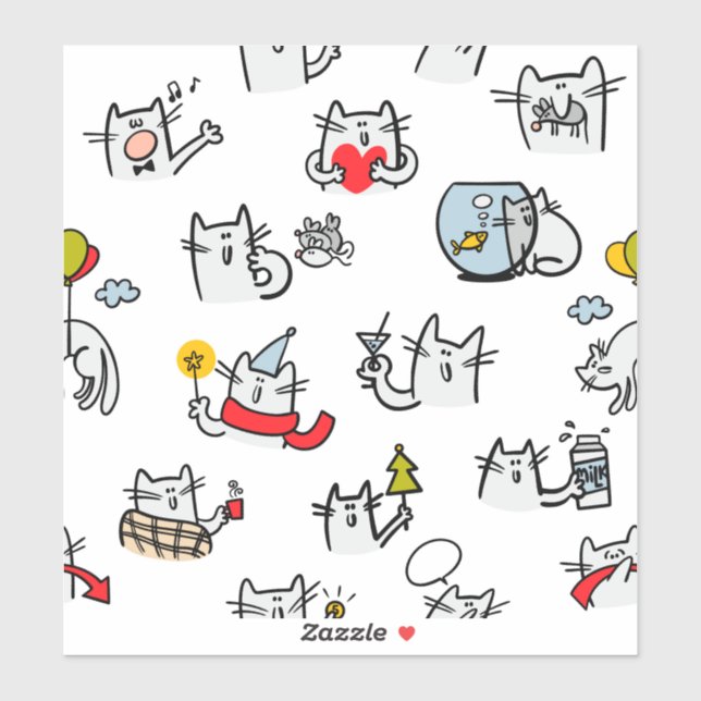 Sticker Chats amusants, lait et magie. (Feuille)
