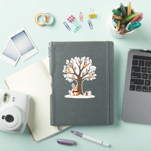 Sticker Chats dans un arbre enneigé en hiver avec un chape