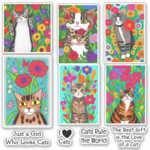 Sticker Chats d'art populaire et fleurs colorées
