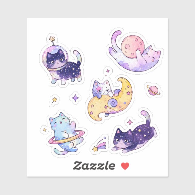 Sticker Chats de galaxie spatiale pastel mignons Planètes  (Feuille)