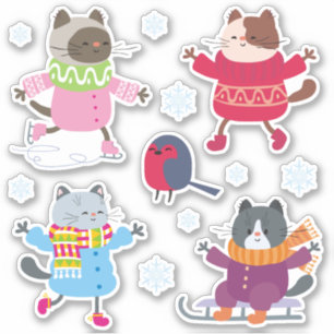 Sticker Chats de Noël mignons Patinage d'oiseaux Sled Snow