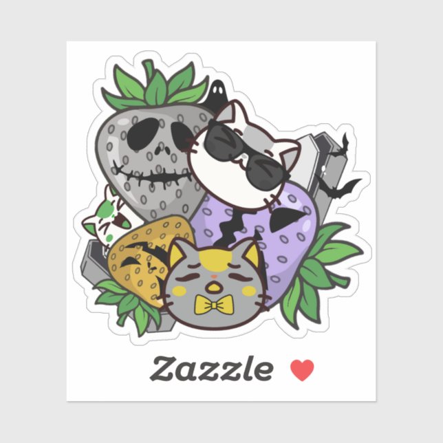 Sticker Chats en fraise Kawaii Halloween effrayants (Feuille)