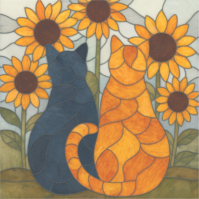 Sticker Chats en vitrail et conception d'art de tournesols (Recto)