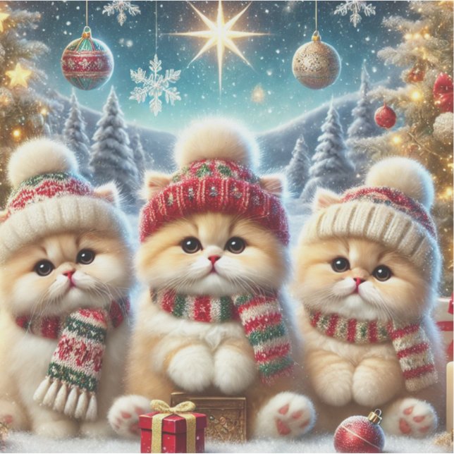 Sticker Chats Kitty dans un décor festif de Noël et neige (Devant)