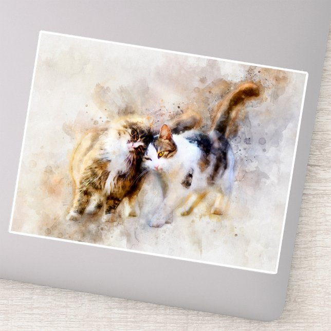 Sticker Chats Meilleurs amis pour l'aquarelle (Watercolor Cats Nuzzling in Soft Abstract Art. Sticker)