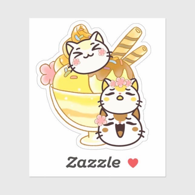 Sticker Chats mignons Kawaii avec un énorme sundae de glac (Feuille)
