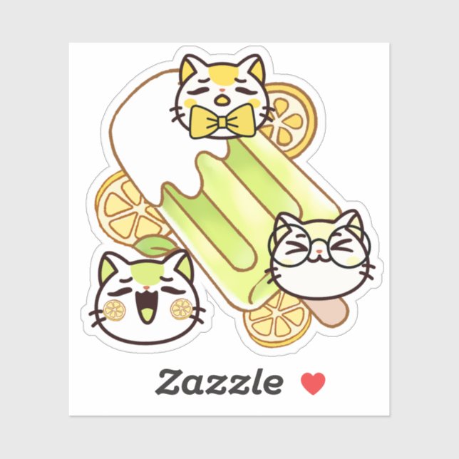 Sticker Chats mignons Kawaii et sucette glacée au citron (Feuille)