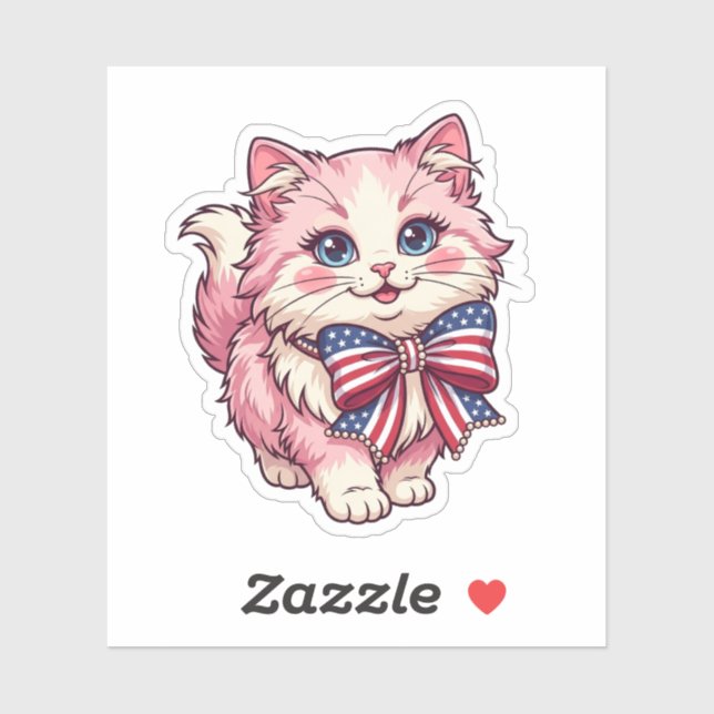 Sticker Chatte Coquette avec Ruban Patriotique 4 Juillet (Feuille)
