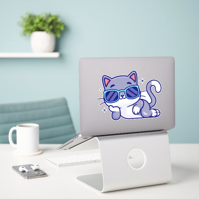 Sticker chatte drôle (Ordinateur portable sur le bureau)