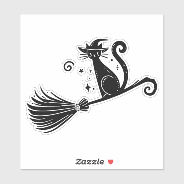Sticker Chatte sorcière noire sur balai d'Halloween (Feuille)