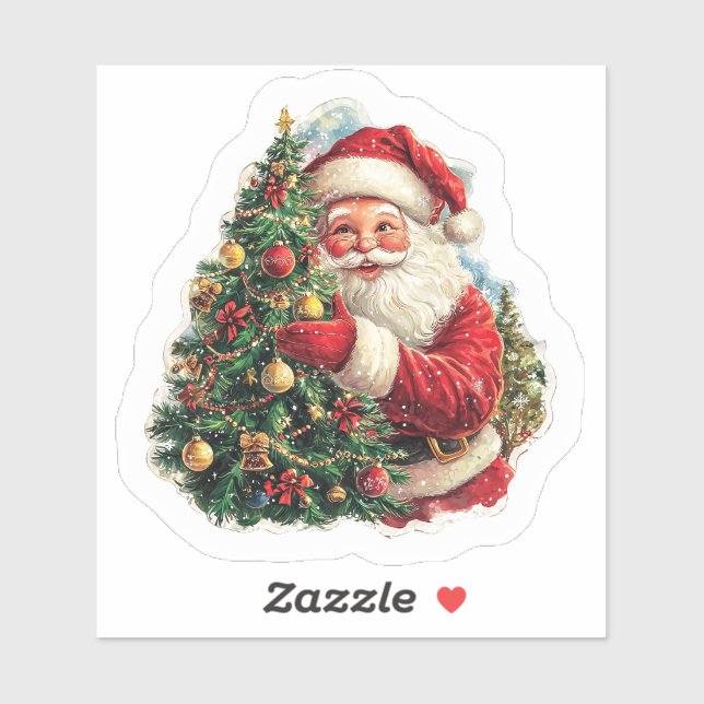 Sticker Cheerful Santa Trims Christmas Tree (Feuille)