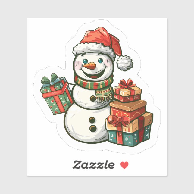 Sticker Cheerful Snowman With Christmas Gifts (Feuille)