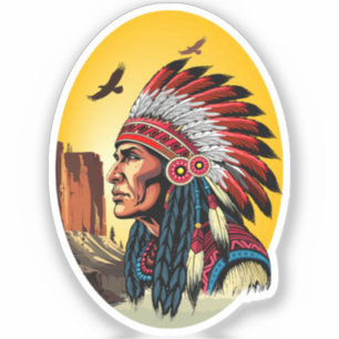 Sticker Chef amérindien sur paysage sauvage coucher de sol