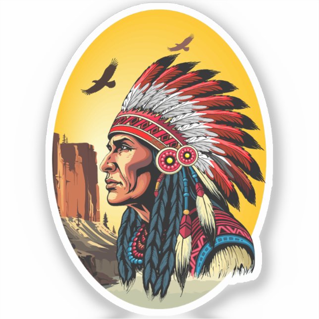 Sticker Chef amérindien sur paysage sauvage coucher de sol (Recto)