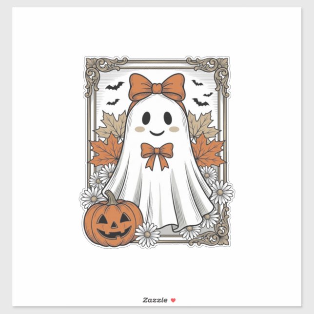 Sticker Chemise de fantôme Halloween mignonne gravure vint (Feuille)