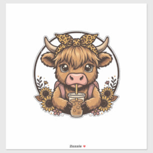 Sticker Chemise vintage Cute Highland Cow Coffee Sunflower