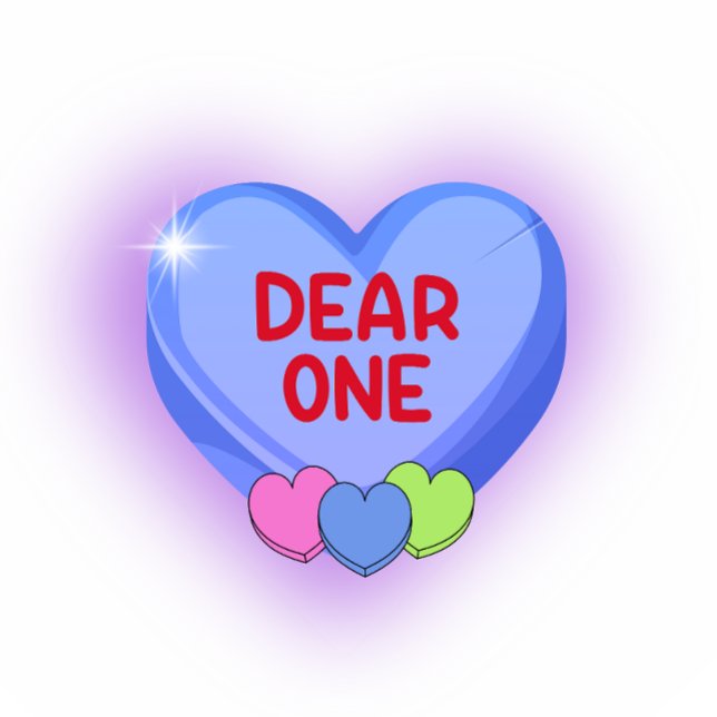 Sticker Cher bonbon Saint-Valentin Cœur Violet  (Purple heart with a glow and the typograph reading "dear one" and three small hearts at the bottom.)